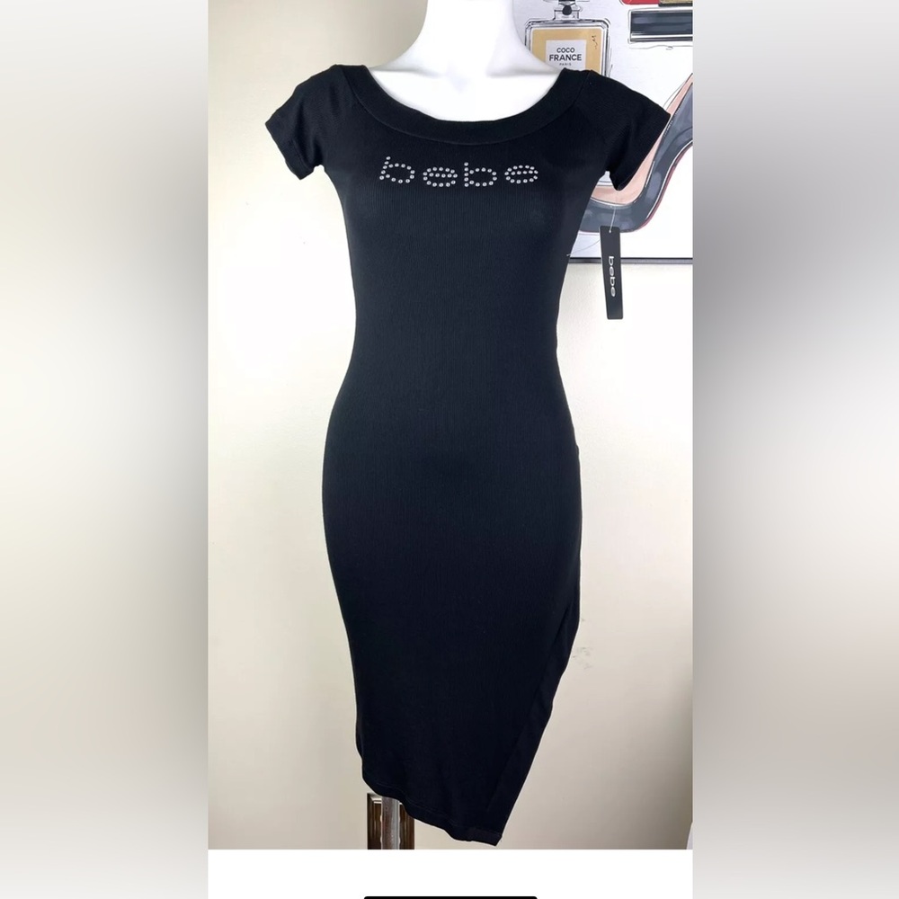 New BEBE rhinestone logo black dress 38.5” long Size M - Picture 2 of 13